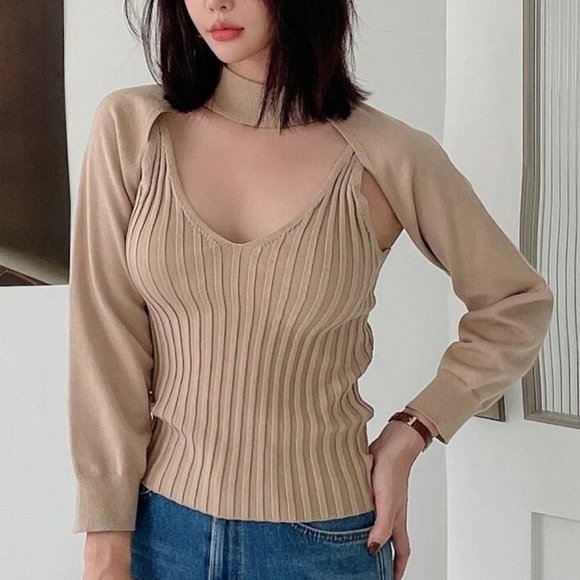 Tops - Beige Ribbed Cami Top and Crop Arm Sweater Fall WI